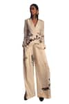 AK-OK_White Silk Printed Scribble Collar Blazer And Pant Set  _at_Aza_Fashions