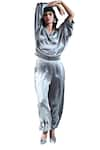 Buy_AK-OK_Grey Silk Plain V Neck Sweatshirt And Joggers Set  