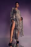 AK-OK_Multi Color Silk Printed Checkered Plunge V Neck Wrap With Dress  _Online_at_Aza_Fashions