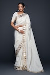 Gulabo by Abu Sandeep_Off White Jamdani Embellished Gota Border Saree _Online_at_Aza_Fashions