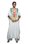 Gulabo by Abu Sandeep_Off White Cotton Silk Embroidery Gota V Neck Kaftan _at_Aza_Fashions