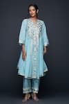 Buy_Gulabo by Abu Sandeep_Blue Jamdani Embroidered Gota Notched Applique Work Flared Kurta _at_Aza_Fashions