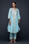 Buy_Gulabo by Abu Sandeep_Blue Jamdani Embroidered Gota Notched Applique Work Flared Kurta  _at_Aza_Fashions