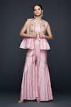 Buy_Gulabo by Abu Sandeep_Pink Viscose Chanderi Silk Embellished Mirrorwork Stripe Flared Pant  _at_Aza_Fashions