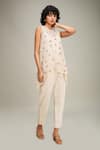 Shop_Soup by Sougat Paul_Off White Top Handloom Net Hand Conversational And Pant Set _Online_at_Aza_Fashions