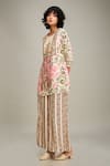 Soup by Sougat Paul_Beige Chanderi Printed Floral Round Mehr Kurta And Palazzo Set _at_Aza_Fashions