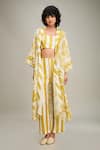 Buy_Soup by Sougat Paul_Yellow Linen Printed Floral Jacket Open Neck Ahyana And Striped Pant Set _at_Aza_Fashions