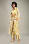 Soup by Sougat Paul_Yellow Linen Printed Floral Jacket Open Neck Ahyana And Striped Pant Set _at_Aza_Fashions