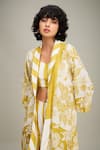 Shop_Soup by Sougat Paul_Yellow Linen Printed Floral Jacket Open Neck Ahyana And Striped Pant Set 