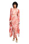 Soup by Sougat Paul_Red Flat Chiffon Printed Floral Ahyana Draped Dress With Cape _Online_at_Aza_Fashions