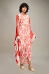 Buy_Soup by Sougat Paul_Red Flat Chiffon Printed Floral Ahyana Draped Dress With Cape _Online_at_Aza_Fashions