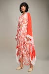 Shop_Soup by Sougat Paul_Red Flat Chiffon Printed Floral Ahyana Draped Dress With Cape _Online_at_Aza_Fashions