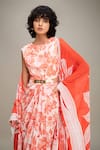 Buy_Soup by Sougat Paul_Red Flat Chiffon Printed Floral Ahyana Draped Dress With Cape 