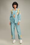 Buy_Soup by Sougat Paul_Blue Chanderi Applique Hand Embroidered Floral Jacket Lapel Zinnia Pant Set _at_Aza_Fashions