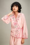 Shop_Soup by Sougat Paul_Pink Chanderi Applique Hand Embroidered Floral V Mehr Top And Pant Set 