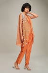 Shop_Soup by Sougat Paul_Orange Top And Pant Chanderi Hand Embroidered Conversational Set  