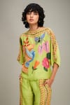 Buy_Soup by Sougat Paul_Green Linen Printed Floral Boat Avain Canopy Embellished Kimono Top And Pant Set 