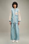 Soup by Sougat Paul_Blue Handloom Net Embroidery Floral Zinnia Sleeve Shirt And Pant Set  _Online_at_Aza_Fashions