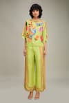 Shop_Soup by Sougat Paul_Green Linen Printed Avain Canopy Embellished Kimono Top And Pant Set  