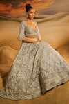 Label Disha Arora_Grey Organza Hand Embroidered Sequin Plunge Sweetheart Athena Lehenga Set _Online_at_Aza_Fashions