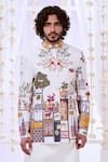 Shop_Taroob_White 100% Silk Embroidery Moroccan Kalamkari Bandhgala Set  