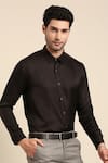 Mayank Modi - Men_Black Silk Slub Solid Cuff Sleeve Shirt _at_Aza_Fashions