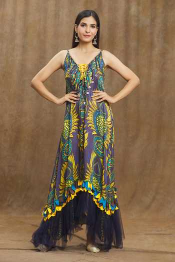 Buy_Esha L Amin_Purple Sequins, Beads, Tassels V-neck Floral Print Beaded Yoke Frill Hem Dress _at_Aza_Fashions