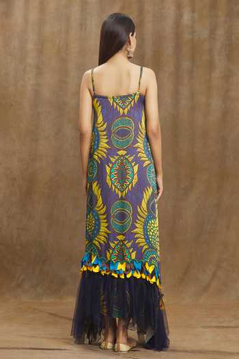 Shop_Esha L Amin_Purple Sequins, Beads, Tassels V-neck Floral Print Beaded Yoke Frill Hem Dress _at_Aza_Fashions
