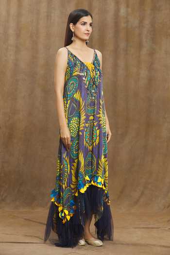 Buy_Esha L Amin_Purple Sequins, Beads, Tassels V-neck Floral Print Beaded Yoke Frill Hem Dress _Online_at_Aza_Fashions