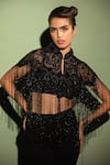 Buy_MODARTA_Black Stones Embellished Bead Mandarin Collar Cape _at_Aza_Fashions