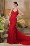 Buy_Mehul Gupta_Red Net And Organza Hand Embroidery 3d Florals Scoop Neck Trail Gown _at_Aza_Fashions