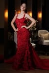 Shop_Mehul Gupta_Red Net And Organza Hand Embroidery 3d Florals Scoop Neck Trail Gown 