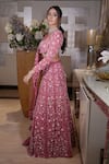 Shop_Mehul Gupta_Pink Net Hand Embroidery Floral Square Neck Sequin Lehenga Set _at_Aza_Fashions