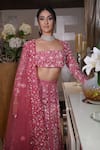 Mehul Gupta_Pink Net Hand Embroidery Floral Square Neck Sequin Lehenga Set _Online_at_Aza_Fashions