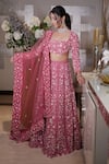 Shop_Mehul Gupta_Pink Net Hand Embroidery Floral Square Neck Sequin Lehenga Set _Online_at_Aza_Fashions