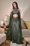 Buy_Mehul Gupta_Green Lace Hand Embroidery Crystals Round Neck Lehenga Blouse Set _Online_at_Aza_Fashions