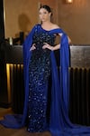 Shop_Mehul Gupta_Blue Net And Satin Silk Hand Embroidery Reflecting Stones Sequin Trail Gown 