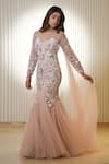 Buy_Mehul Gupta_Pink Net Hand Embroidery Reflecting Beads Round Neck Mermaid Gown _at_Aza_Fashions