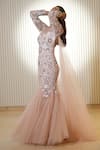 Shop_Mehul Gupta_Pink Net Hand Embroidery Reflecting Beads Round Neck Mermaid Gown 