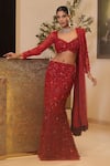 Buy_Mehul Gupta_Red Net And Lycra Hand Embroidery Floral Sweetheart Neck Mermaid Lehenga Set _at_Aza_Fashions