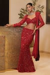 Buy_Mehul Gupta_Red Net And Lycra Hand Embroidery Floral Sweetheart Neck Mermaid Lehenga Set 