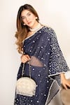 Shop_Mehul Gupta_Blue Cape Zari Net Embroidery Pearl One Shoulder Neck Meadow With Pant 