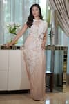 Shop_Mehul Gupta_Cream Net Embroidery Pearl 3d Lily Embellished Pre-draped Saree With Blouse_at_Aza_Fashions