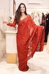 Buy_Mehul Gupta_Red Net Embroidery Sequin Queen Anne Bahar Thread Pre-draped Saree With Blouse _at_Aza_Fashions