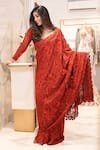 Shop_Mehul Gupta_Red Net Embroidery Sequin Queen Anne Bahar Thread Pre-draped Saree With Blouse _at_Aza_Fashions