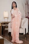 Shop_Mehul Gupta_Peach Net Embroidery Leaf Pearl Embellished Pre-draped Saree With Blouse_at_Aza_Fashions