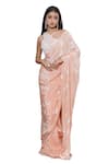 Buy_Mehul Gupta_Peach Net Embroidery Leaf Pearl Embellished Pre-draped Saree With Blouse_Online_at_Aza_Fashions