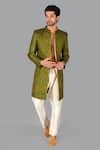 Buy_Gaurav Katta_Green Tussar Silk Embroidered Kantha Open Sherwani Aligarhi Pant Set _at_Aza_Fashions