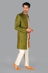 Gaurav Katta_Green Tussar Silk Embroidered Kantha Open Sherwani Aligarhi Pant Set _Online_at_Aza_Fashions