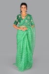 Buy_Gaurav Katta_Green Organza Embroidered Thread V-neck Bandhani Saree With Blouse _at_Aza_Fashions